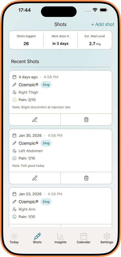 Record injection sites and dosages