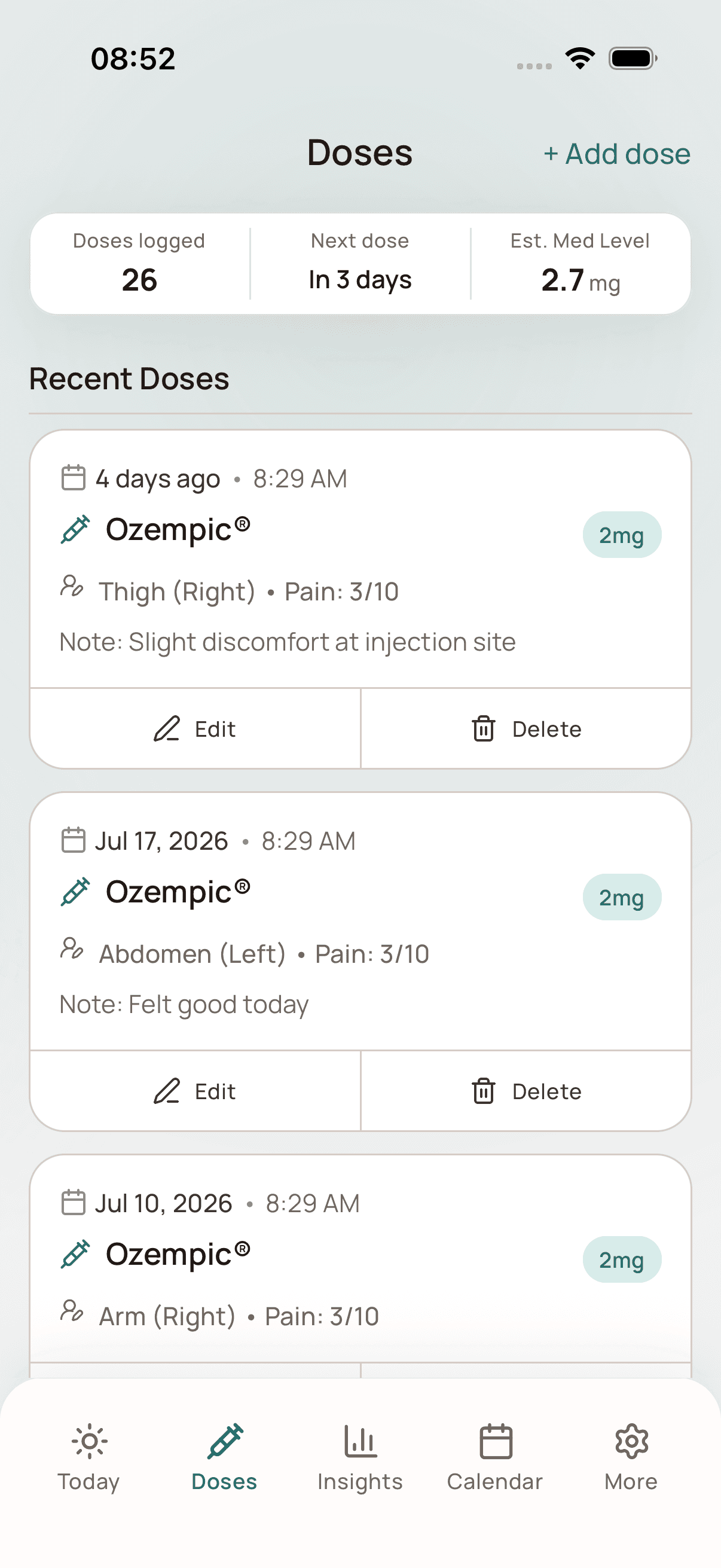 Dosio GLP-1 tracker app on iPhone showing a detailed dose history and injection site