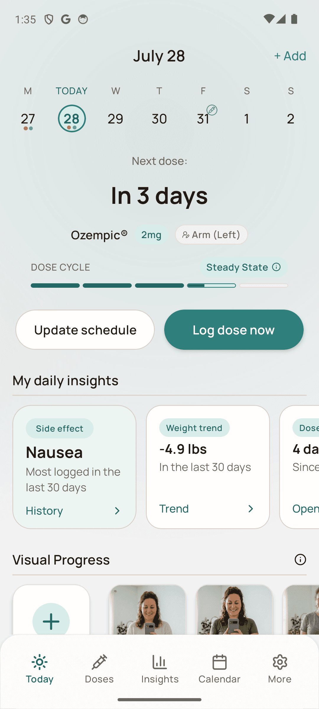 Dosio GLP-1 tracker app on Android showing next dose, dose cycle, side effects, and weight trend